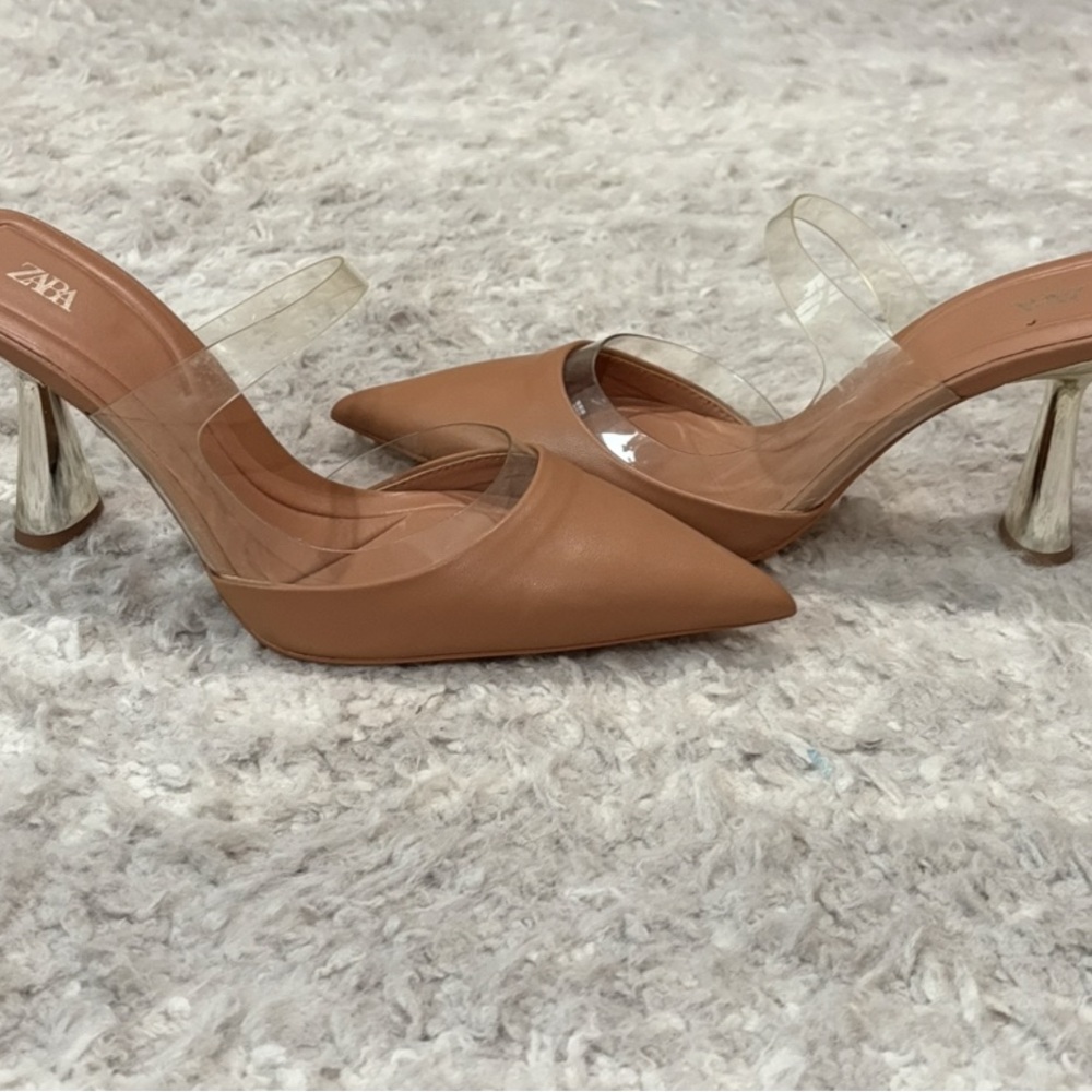 Zara Brown Pointed Toe Heels with Clear Accents worn  once